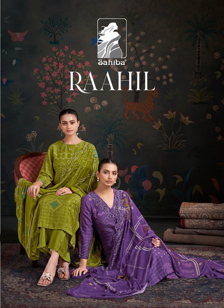 Raahil By Sahiba Shimmer Silk Printed Dress Material Wholesalers In Surat
